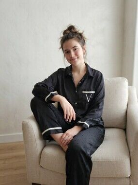 Victoria's Secret Black Satin Pajama Set with Cream Trim